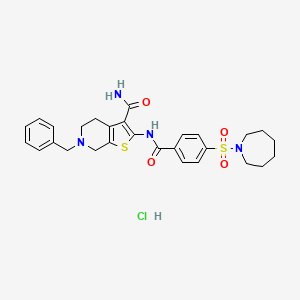 molecular formula C28H33ClN4O4S2 B3222820 2-(4-(Azepan-1-ylsulfonyl)benzamido)-6-benzyl-4,5,6,7-tetrahydrothieno[2,3-c]pyridine-3-carboxamide hydrochloride CAS No. 1215538-38-7