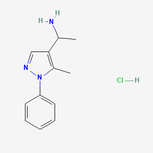 molecular formula C12H16ClN3 B3222821 1-(5-methyl-1-phenyl-1H-pyrazol-4-yl)ethan-1-amine hydrochloride CAS No. 1215571-09-7