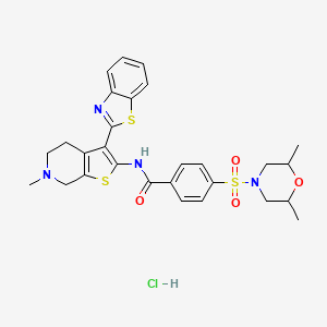 molecular formula C28H31ClN4O4S3 B3222834 N-(3-(benzo[d]thiazol-2-yl)-6-methyl-4,5,6,7-tetrahydrothieno[2,3-c]pyridin-2-yl)-4-((2,6-dimethylmorpholino)sulfonyl)benzamide hydrochloride CAS No. 1215632-34-0