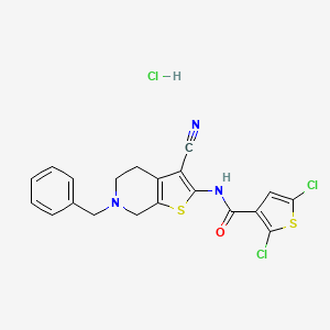 molecular formula C20H16Cl3N3OS2 B3222857 N-(6-benzyl-3-cyano-4,5,6,7-tetrahydrothieno[2,3-c]pyridin-2-yl)-2,5-dichlorothiophene-3-carboxamide hydrochloride CAS No. 1215671-13-8
