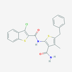 molecular formula C22H17ClN2O2S2 B322290 N-(5-benzyl-3-carbamoyl-4-methylthiophen-2-yl)-3-chloro-1-benzothiophene-2-carboxamide 
