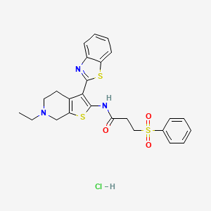 molecular formula C25H26ClN3O3S3 B3223012 N-(3-(benzo[d]thiazol-2-yl)-6-ethyl-4,5,6,7-tetrahydrothieno[2,3-c]pyridin-2-yl)-3-(phenylsulfonyl)propanamide hydrochloride CAS No. 1216652-04-8