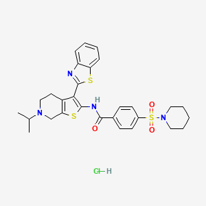 molecular formula C29H33ClN4O3S3 B3223040 N-(3-(benzo[d]thiazol-2-yl)-6-isopropyl-4,5,6,7-tetrahydrothieno[2,3-c]pyridin-2-yl)-4-(piperidin-1-ylsulfonyl)benzamide hydrochloride CAS No. 1216728-24-3