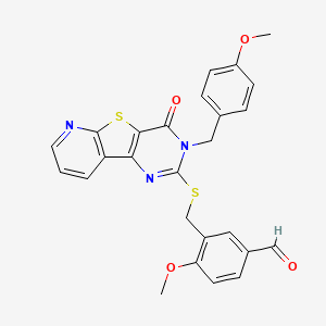 molecular formula C26H21N3O4S2 B3223718 4-Methoxy-3-(((3-(4-methoxybenzyl)-4-oxo-3,4-dihydropyrido[3',2':4,5]thieno[3,2-d]pyrimidin-2-yl)thio)methyl)benzaldehyde CAS No. 1223754-99-1
