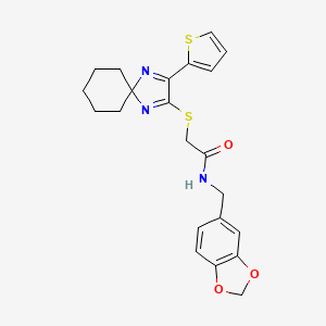 molecular formula C22H23N3O3S2 B3223734 N-(1,3-benzodioxol-5-ylmethyl)-2-{[3-(2-thienyl)-1,4-diazaspiro[4.5]deca-1,3-dien-2-yl]thio}acetamide CAS No. 1223823-63-9