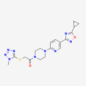 molecular formula C18H21N9O2S B3224610 1-(4-(5-(5-cyclopropyl-1,2,4-oxadiazol-3-yl)pyridin-2-yl)piperazin-1-yl)-2-((1-methyl-1H-tetrazol-5-yl)thio)ethanone CAS No. 1235093-76-1