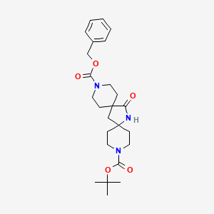 molecular formula C25H35N3O5 B3225687 15-Oxo-3,11,14-triaza-dispiro[5.1.5.2]pentadecane-3,11-dicarboxylic acid 3-benzyl ester 11-tert-butyl ester CAS No. 1251000-90-4