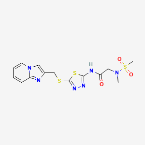 molecular formula C14H16N6O3S3 B3225808 N-(5-((imidazo[1,2-a]pyridin-2-ylmethyl)thio)-1,3,4-thiadiazol-2-yl)-2-(N-methylmethylsulfonamido)acetamide CAS No. 1251543-06-2
