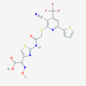 molecular formula C19H12F3N5O4S3 B322613 (2Z)-{2-[({[3-cyano-6-(thiophen-2-yl)-4-(trifluoromethyl)pyridin-2-yl]sulfanyl}acetyl)amino]-1,3-thiazol-4-yl}(methoxyimino)ethanoic acid 