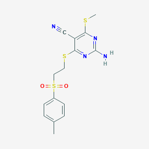 molecular formula C15H16N4O2S3 B322614 2-Amino-4-({2-[(4-methylphenyl)sulfonyl]ethyl}sulfanyl)-6-(methylsulfanyl)-5-pyrimidinecarbonitrile 