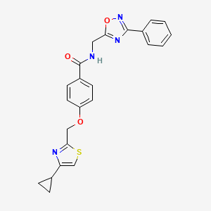 molecular formula C23H20N4O3S B3226146 4-((4-cyclopropylthiazol-2-yl)methoxy)-N-((3-phenyl-1,2,4-oxadiazol-5-yl)methyl)benzamide CAS No. 1251686-76-6