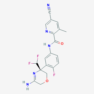 molecular formula C19H16F3N5O2 B3228359 N-[3-[(3R)-5-Amino-3-(difluoromethyl)-3,6-dihydro-2H-1,4-oxazin-3-yl]-4-fluorophenyl]-5-cyano-3-methyl-2-pyridinecarboxamide CAS No. 1262856-69-8