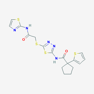 molecular formula C17H17N5O2S4 B3233141 N-(5-((2-oxo-2-(thiazol-2-ylamino)ethyl)thio)-1,3,4-thiadiazol-2-yl)-1-(thiophen-2-yl)cyclopentanecarboxamide CAS No. 1351615-28-5