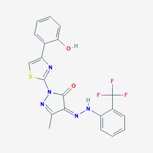 molecular formula C20H14F3N5O2S B323363 (4Z)-2-[4-(2-hydroxyphenyl)-1,3-thiazol-2-yl]-5-methyl-4-[[2-(trifluoromethyl)phenyl]hydrazinylidene]pyrazol-3-one 