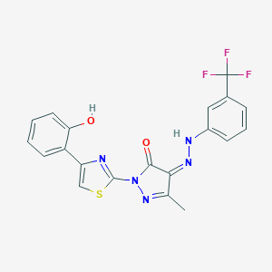 molecular formula C20H14F3N5O2S B323369 (4Z)-2-[4-(2-hydroxyphenyl)-1,3-thiazol-2-yl]-5-methyl-4-[[3-(trifluoromethyl)phenyl]hydrazinylidene]pyrazol-3-one 