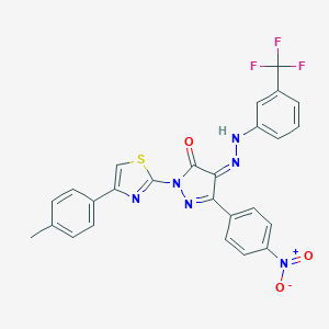 molecular formula C26H17F3N6O3S B323374 (4Z)-2-[4-(4-methylphenyl)-1,3-thiazol-2-yl]-5-(4-nitrophenyl)-4-[[3-(trifluoromethyl)phenyl]hydrazinylidene]pyrazol-3-one 