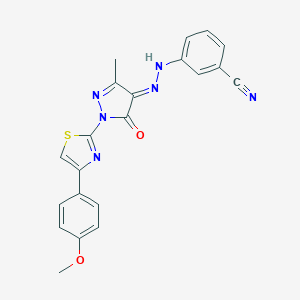 molecular formula C21H16N6O2S B323382 3-[(2E)-2-[1-[4-(4-methoxyphenyl)-1,3-thiazol-2-yl]-3-methyl-5-oxopyrazol-4-ylidene]hydrazinyl]benzonitrile 