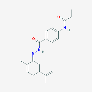 molecular formula C20H25N3O2 B323440 N-(4-{[2-(5-isopropenyl-2-methyl-2-cyclohexen-1-ylidene)hydrazino]carbonyl}phenyl)propanamide 