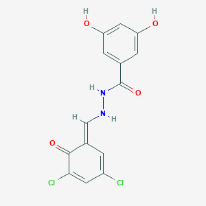 molecular formula C14H10Cl2N2O4 B323571 N'-[(E)-(3,5-dichloro-6-oxocyclohexa-2,4-dien-1-ylidene)methyl]-3,5-dihydroxybenzohydrazide 