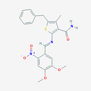 molecular formula C22H21N3O5S B323616 5-Benzyl-2-({2-nitro-4,5-dimethoxybenzylidene}amino)-4-methyl-3-thiophenecarboxamide 