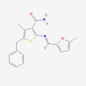 molecular formula C19H18N2O2S B323617 5-Benzyl-4-methyl-2-{[(5-methyl-2-furyl)methylene]amino}-3-thiophenecarboxamide 