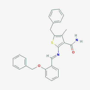 molecular formula C27H24N2O2S B323618 5-Benzyl-2-{[2-(benzyloxy)benzylidene]amino}-4-methyl-3-thiophenecarboxamide 