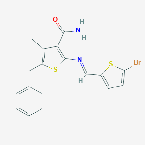 molecular formula C18H15BrN2OS2 B323622 5-Benzyl-2-{[(5-bromo-2-thienyl)methylene]amino}-4-methyl-3-thiophenecarboxamide 