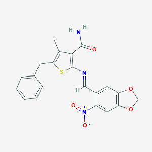molecular formula C21H17N3O5S B323624 5-Benzyl-2-[({6-nitro-1,3-benzodioxol-5-yl}methylene)amino]-4-methyl-3-thiophenecarboxamide 