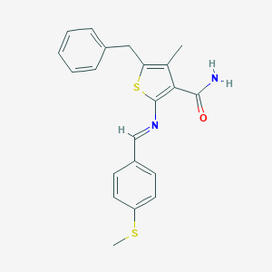 molecular formula C21H20N2OS2 B323625 5-Benzyl-4-methyl-2-{[4-(methylsulfanyl)benzylidene]amino}-3-thiophenecarboxamide 