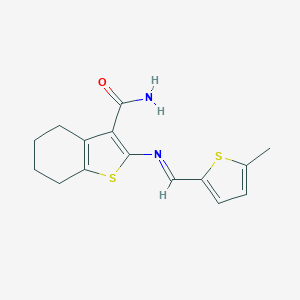 molecular formula C15H16N2OS2 B323633 2-{[(5-Methyl-2-thienyl)methylene]amino}-4,5,6,7-tetrahydro-1-benzothiophene-3-carboxamide 