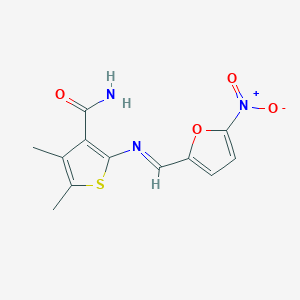 molecular formula C12H11N3O4S B323639 2-[({5-Nitro-2-furyl}methylene)amino]-4,5-dimethyl-3-thiophenecarboxamide 
