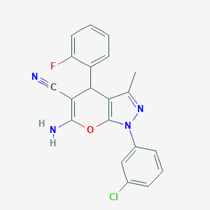molecular formula C20H14ClFN4O B323677 6-Amino-1-(3-chlorophenyl)-4-(2-fluorophenyl)-3-methyl-1,4-dihydropyrano[2,3-c]pyrazole-5-carbonitrile 