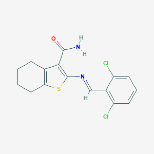 molecular formula C16H14Cl2N2OS B323695 2-[(2,6-Dichlorobenzylidene)amino]-4,5,6,7-tetrahydro-1-benzothiophene-3-carboxamide 