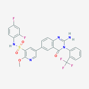 molecular formula C27H18F5N5O4S B3237256 5-(2-amino-4-oxo-3-(2-(trifluoromethyl)phenyl)-3,4-dihydroquinazolin-6-yl)-N-(2,4-difluorophenyl)-2-methoxypyridine-3-sulfonamide CAS No. 1384097-27-1