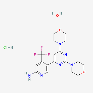 molecular formula C18H24ClF3N6O3 B3237427 5-(2,6-Dimorpholinopyrimidin-4-yl)-4-(trifluoromethyl)pyridin-2-amine hydrochloride hydrate CAS No. 1389337-64-7