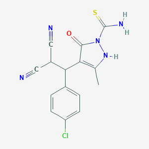 molecular formula C15H12ClN5OS B323745 4-[1-(4-chlorophenyl)-2,2-dicyanoethyl]-5-hydroxy-3-methyl-1H-pyrazole-1-carbothioamide 