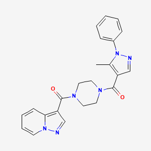 molecular formula C23H22N6O2 B3237899 (5-methyl-1-phenyl-1H-pyrazol-4-yl)(4-(pyrazolo[1,5-a]pyridine-3-carbonyl)piperazin-1-yl)methanone CAS No. 1396708-93-2