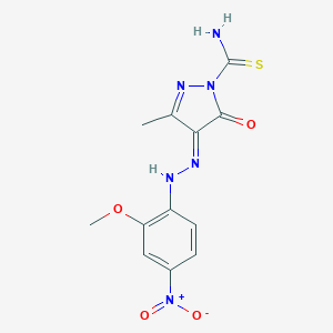 molecular formula C12H12N6O4S B323890 (4E)-4-[(2-methoxy-4-nitrophenyl)hydrazinylidene]-3-methyl-5-oxopyrazole-1-carbothioamide 