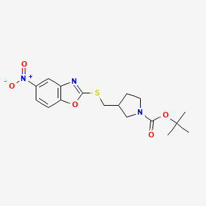 molecular formula C17H21N3O5S B3239267 3-(5-Nitrobenzooxazol-2-ylsulfanylmethyl)pyrrolidine-1-carboxylic acid tert-butyl ester CAS No. 1420840-98-7