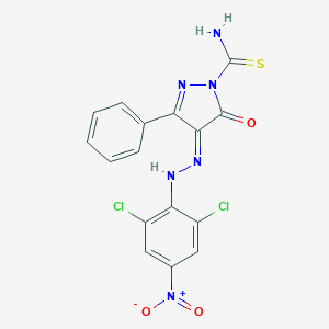 (4E)-4-[(2,6-dichloro-4-nitrophenyl)hydrazinylidene]-5-oxo-3-phenylpyrazole-1-carbothioamide