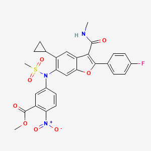 molecular formula C28H24FN3O8S B3239867 Benzoic acid, 5-[[5-cyclopropyl-2-(4-fluorophenyl)-3-[(methylamino)carbonyl]-6-benzofuranyl](methylsulfonyl)amino]-2-nitro-, methyl ester CAS No. 1423007-83-3