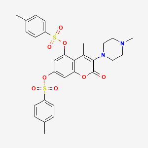 molecular formula C29H30N2O8S2 B3241339 2H-1-Benzopyran-2-one, 4-methyl-5,7-bis[[(4-methylphenyl)sulfonyl]oxy]-3-(4-methyl-1-piperazinyl)- CAS No. 1456807-82-1
