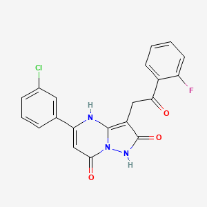 molecular formula C20H13ClFN3O3 B3241441 5-(3-Chlorophenyl)-3-(2-(2-fluorophenyl)-2-oxoethyl)pyrazolo[1,5-A]pyrimidine-2,7(1H,4H)-dione CAS No. 1464091-51-7