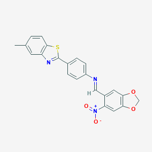 molecular formula C22H15N3O4S B324197 2-{4-[({6-Nitro-1,3-benzodioxol-5-yl}methylene)amino]phenyl}-5-methyl-1,3-benzothiazole 