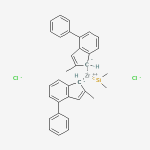 molecular formula C34H32Cl2SiZr-2 B3243634 dimethylsilylidenezirconium(2+);2-methyl-4-phenyl-1H-inden-1-ide;dichloride CAS No. 158515-16-3