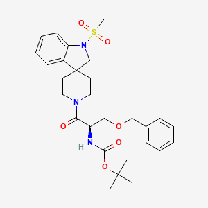molecular formula C28H37N3O6S B3246928 Carbamic acid, N-[(1R)-2-[1,2-dihydro-1-(methylsulfonyl)spiro[3H-indole-3,4'-piperidin]-1'-yl]-2-oxo-1-[(phenylmethoxy)methyl]ethyl]-, 1,1-dimethylethyl ester CAS No. 180465-66-1