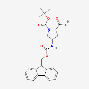 molecular formula C25H28N2O6 B3247598 4-(9H-fluoren-9-ylmethoxycarbonylamino)-1-[(2-methylpropan-2-yl)oxycarbonyl]pyrrolidine-2-carboxylic acid CAS No. 1822474-36-1