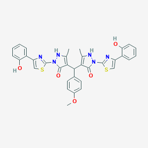 molecular formula C34H28N6O5S2 B325334 4-[{5-hydroxy-1-[4-(2-hydroxyphenyl)-1,3-thiazol-2-yl]-3-methyl-1H-pyrazol-4-yl}(4-methoxyphenyl)methyl]-1-[4-(2-hydroxyphenyl)-1,3-thiazol-2-yl]-3-methyl-1H-pyrazol-5-ol 