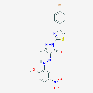 (4E)-2-[4-(4-bromophenyl)-1,3-thiazol-2-yl]-4-[(2-methoxy-5-nitrophenyl)hydrazinylidene]-5-methylpyrazol-3-one