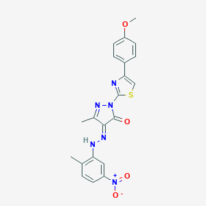 molecular formula C21H18N6O4S B325804 (4E)-2-[4-(4-methoxyphenyl)-1,3-thiazol-2-yl]-5-methyl-4-[(2-methyl-5-nitrophenyl)hydrazinylidene]pyrazol-3-one 